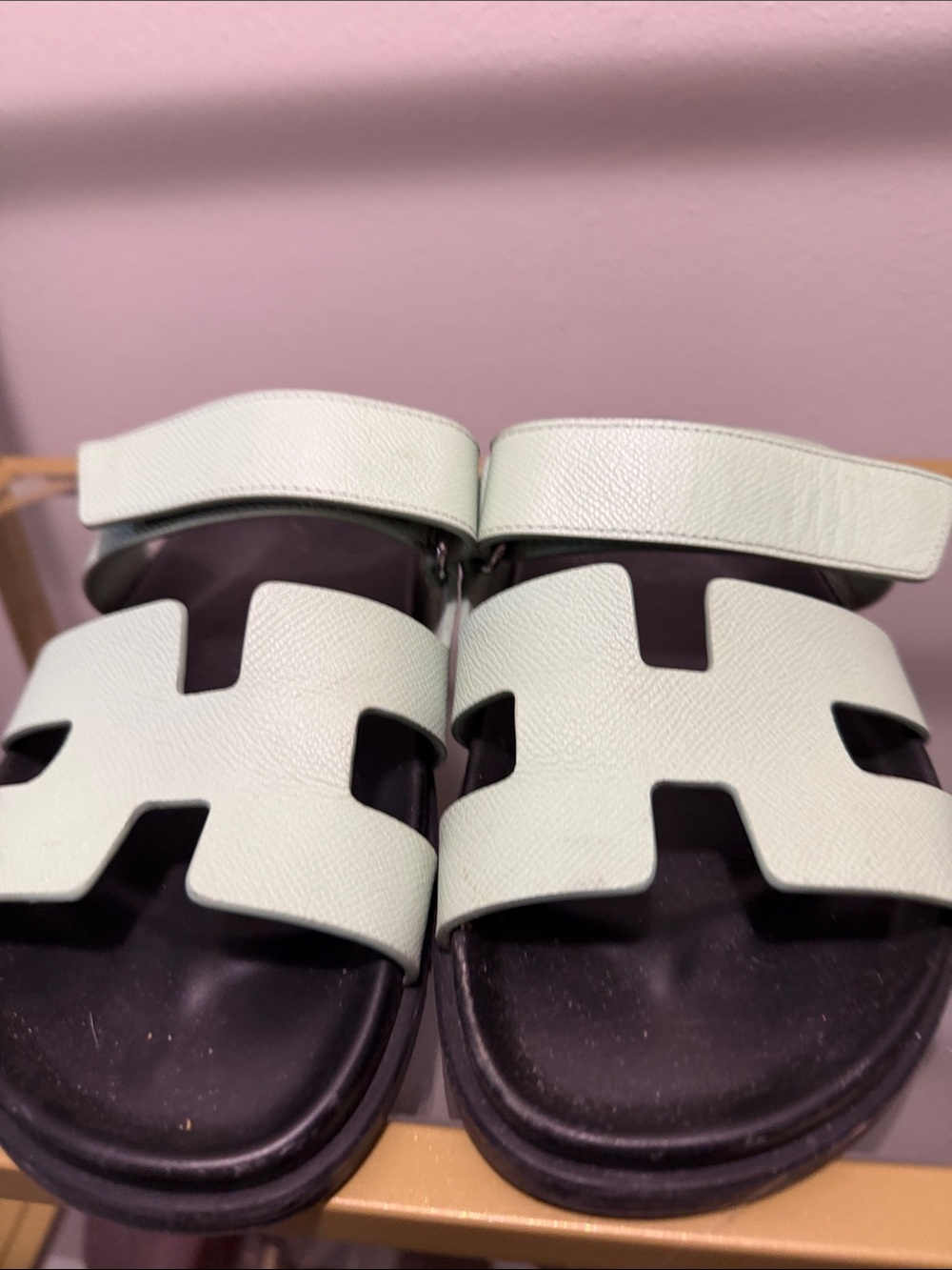 Hermes Mint Green Leather H Sandals with Black Footbed